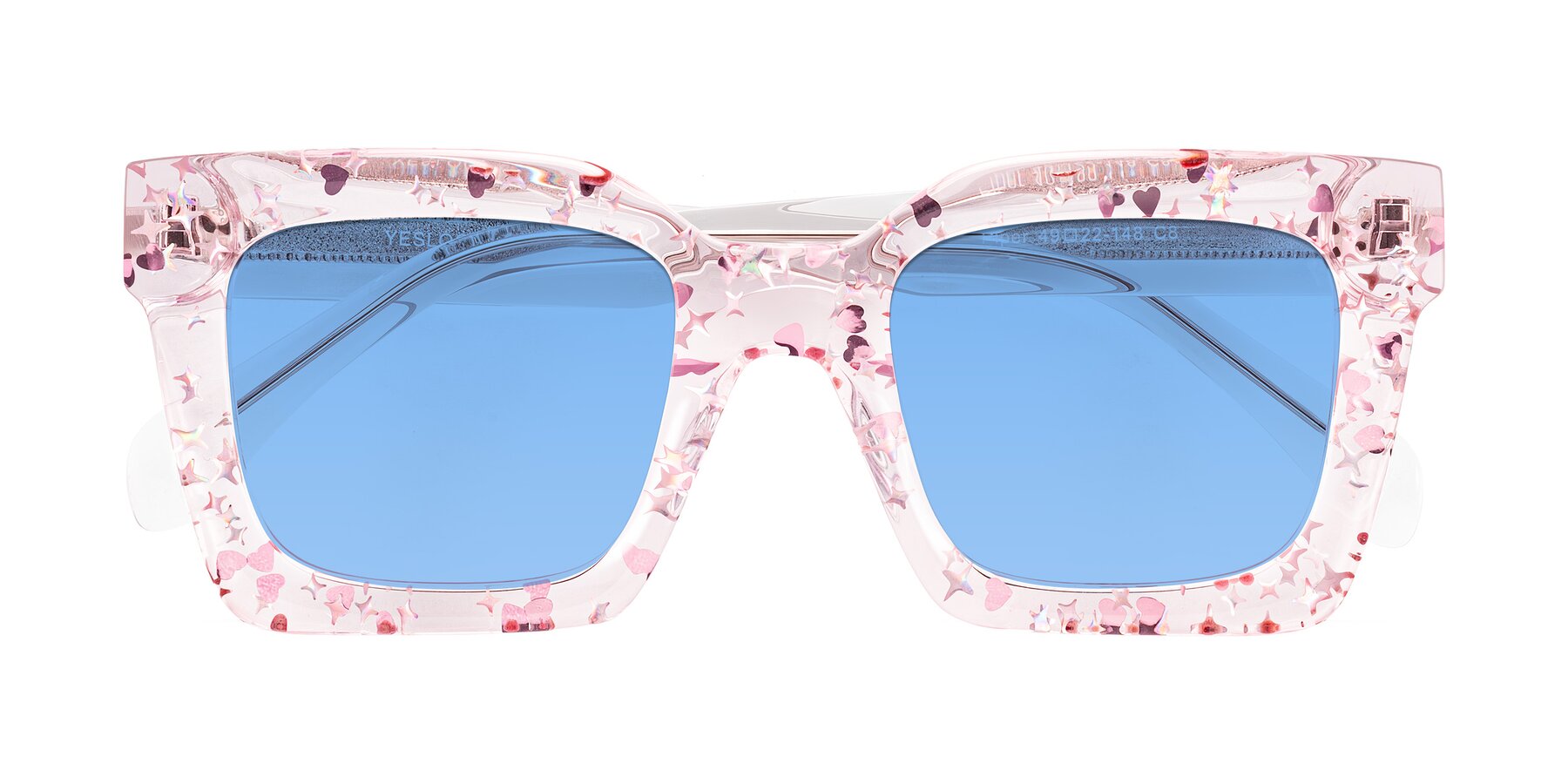 Folded Front of Piper in Sparkling Blush with Medium Blue Tinted Lenses