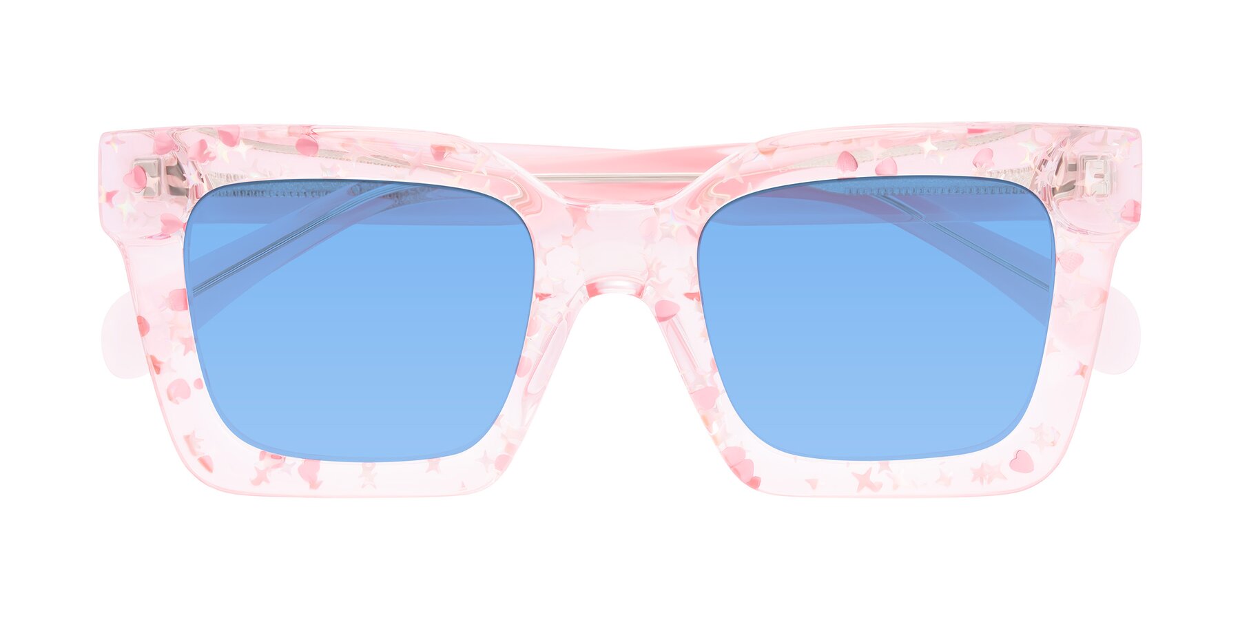 Folded Front of Piper in Sparkling Blush with Medium Blue Tinted Lenses