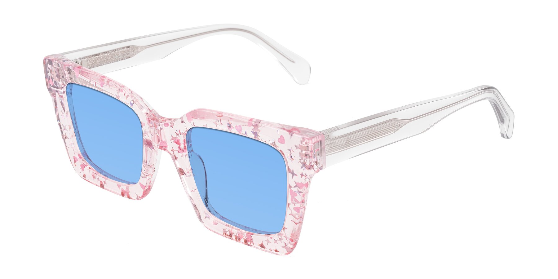 Angle of Piper in Sparkling Blush with Medium Blue Tinted Lenses