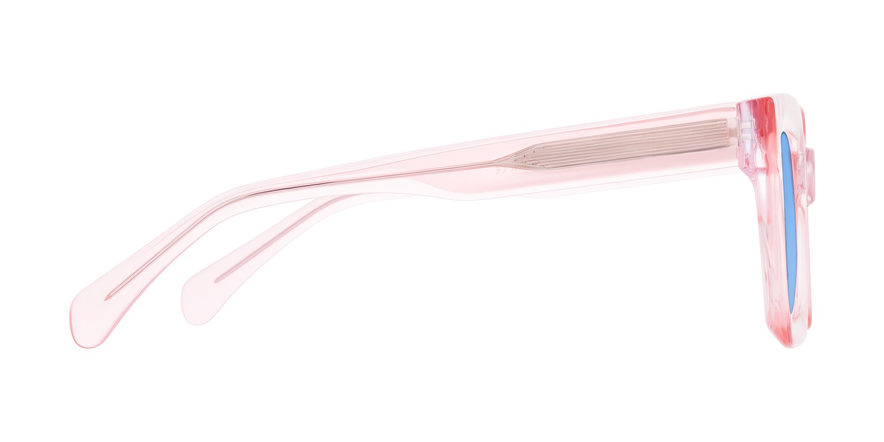 Side of Piper in Sparkling Blush with Medium Blue Tinted Lenses
