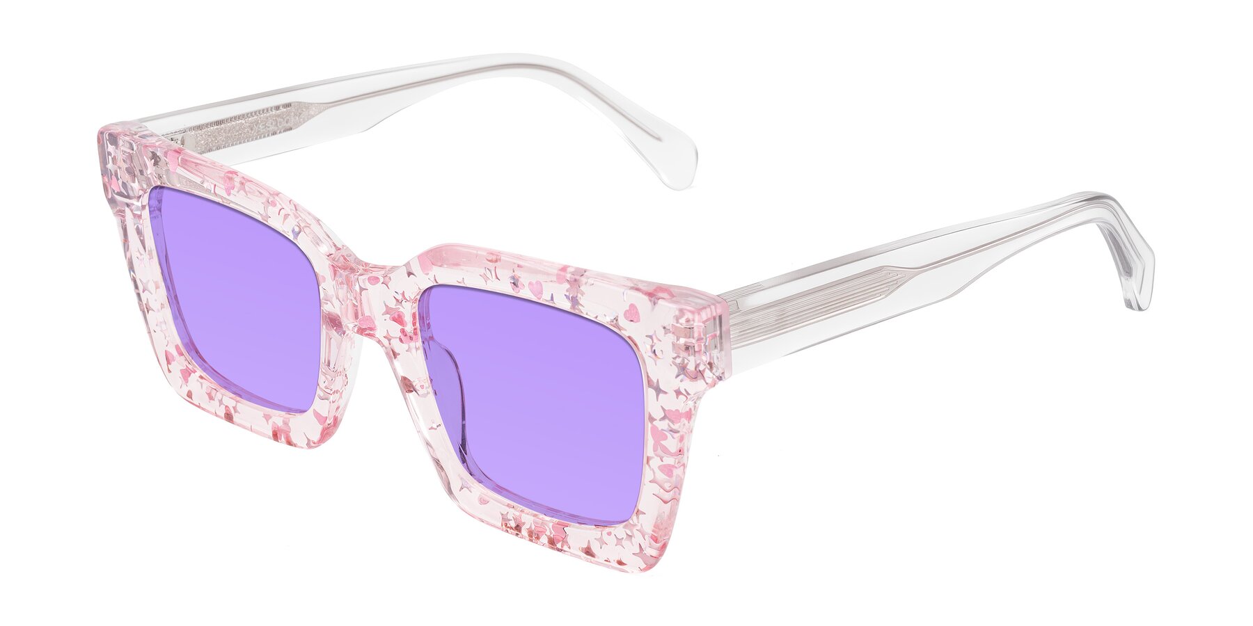 Angle of Piper in Sparkling Blush with Medium Purple Tinted Lenses
