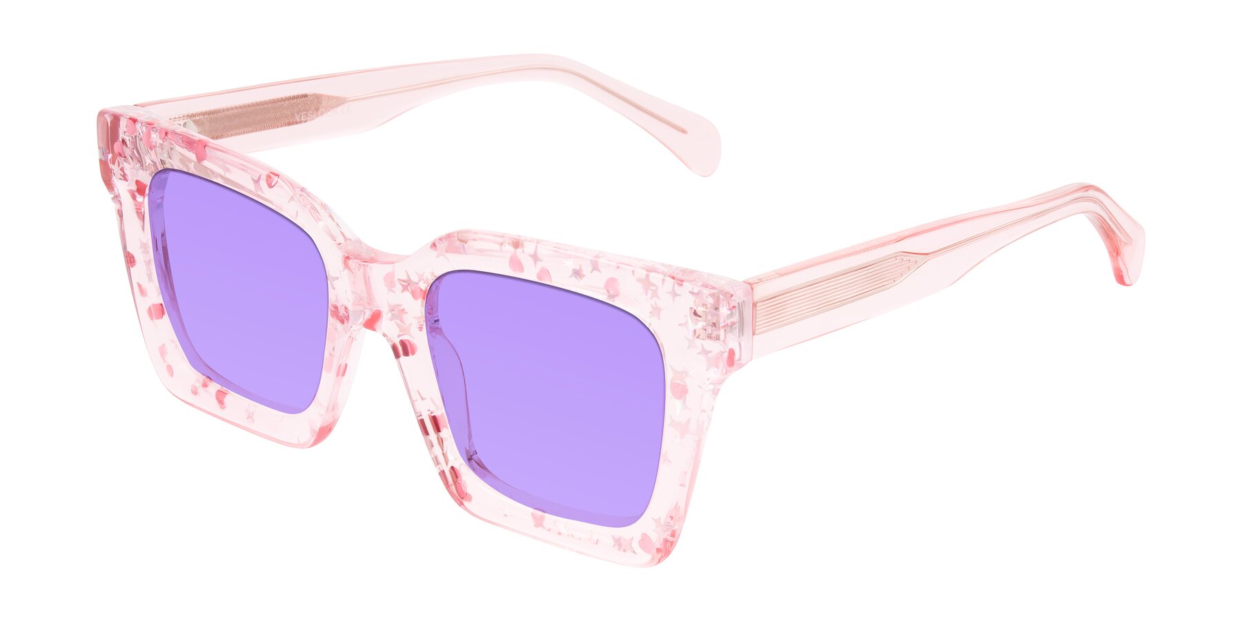 Angle of Piper in Sparkling Blush with Medium Purple Tinted Lenses