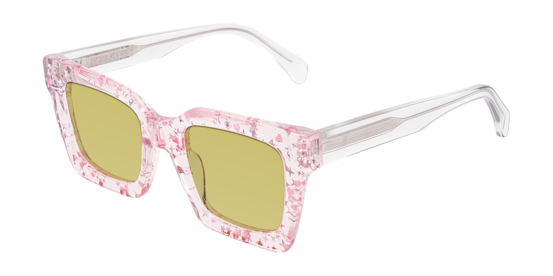 Angle of Piper in Sparkling Blush with Medium Champagne Tinted Lenses