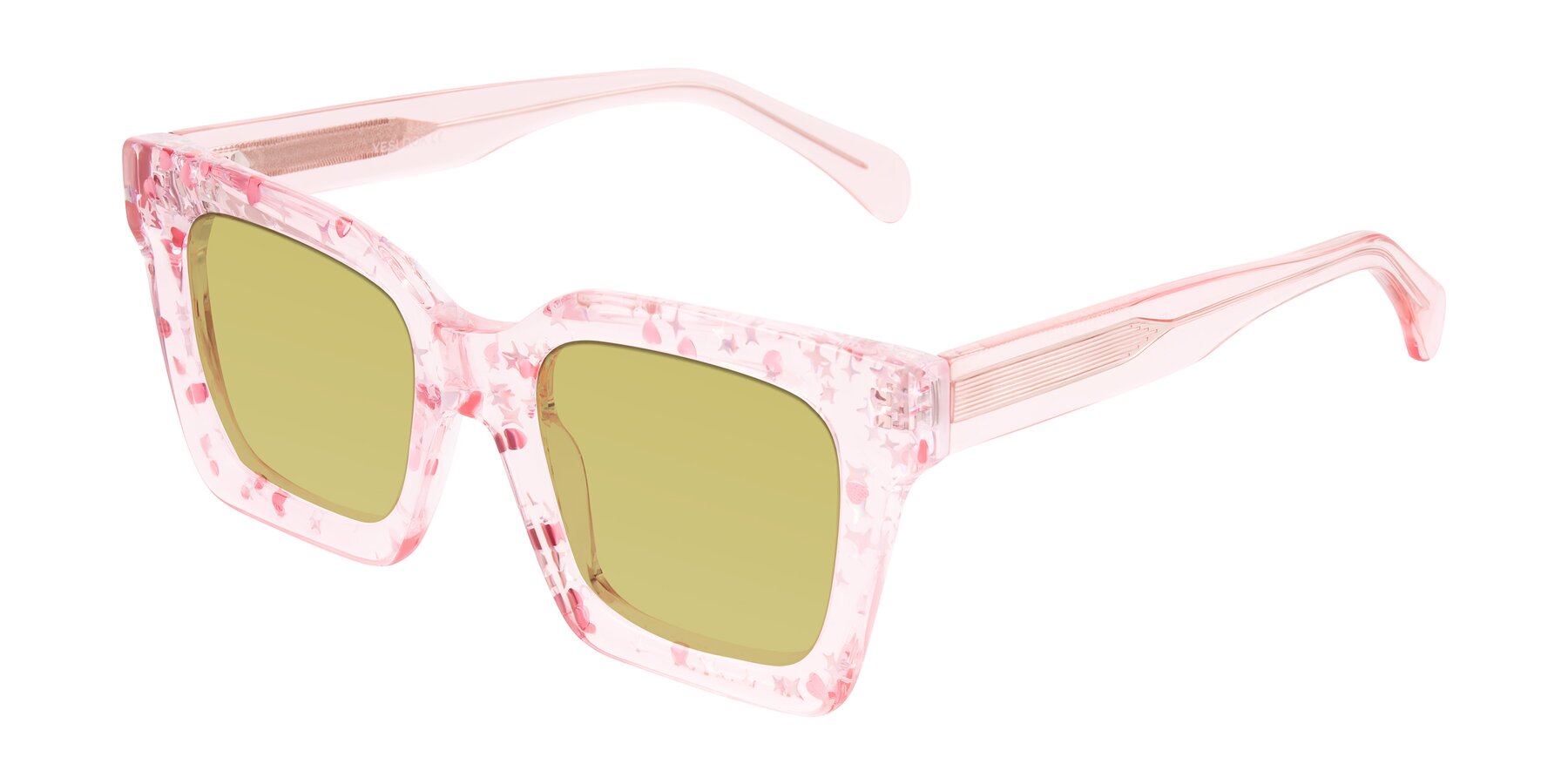 Angle of Piper in Sparkling Blush with Medium Champagne Tinted Lenses