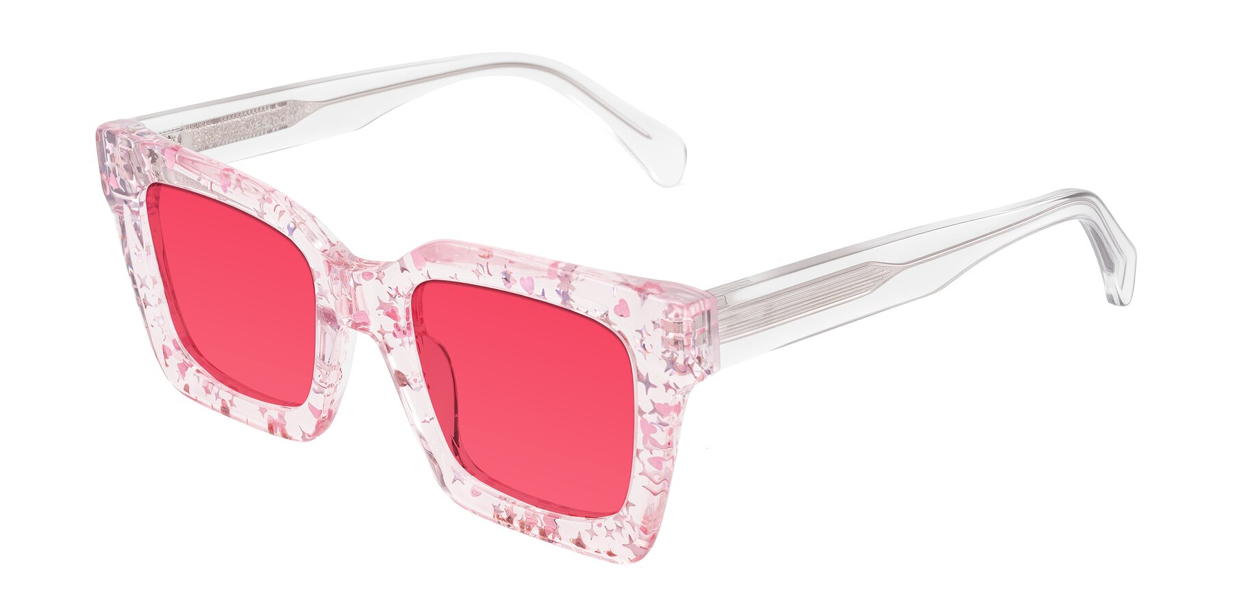 Angle of Piper in Sparkling Blush with Red Tinted Lenses