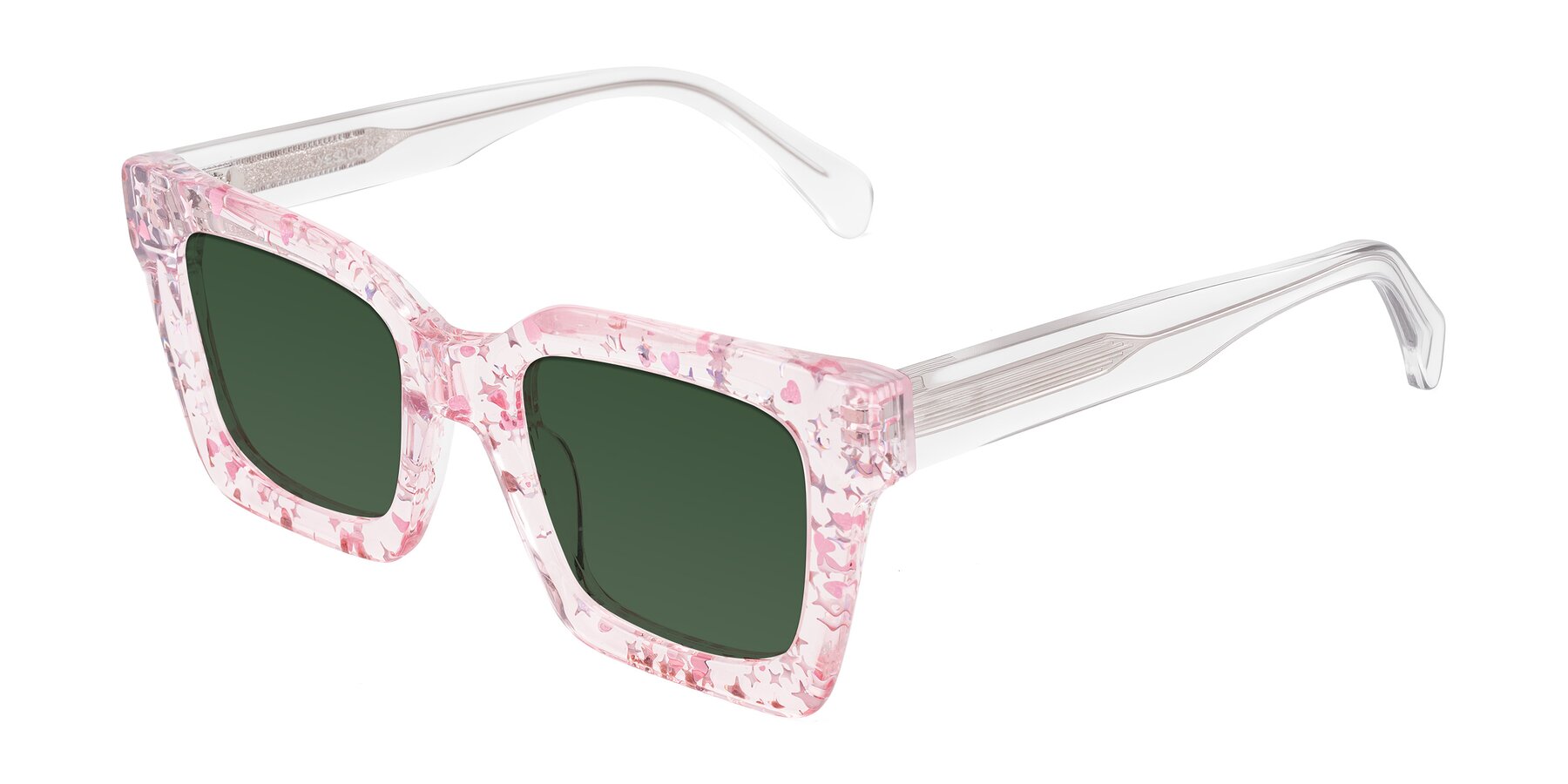 Angle of Piper in Sparkling Blush with Green Tinted Lenses