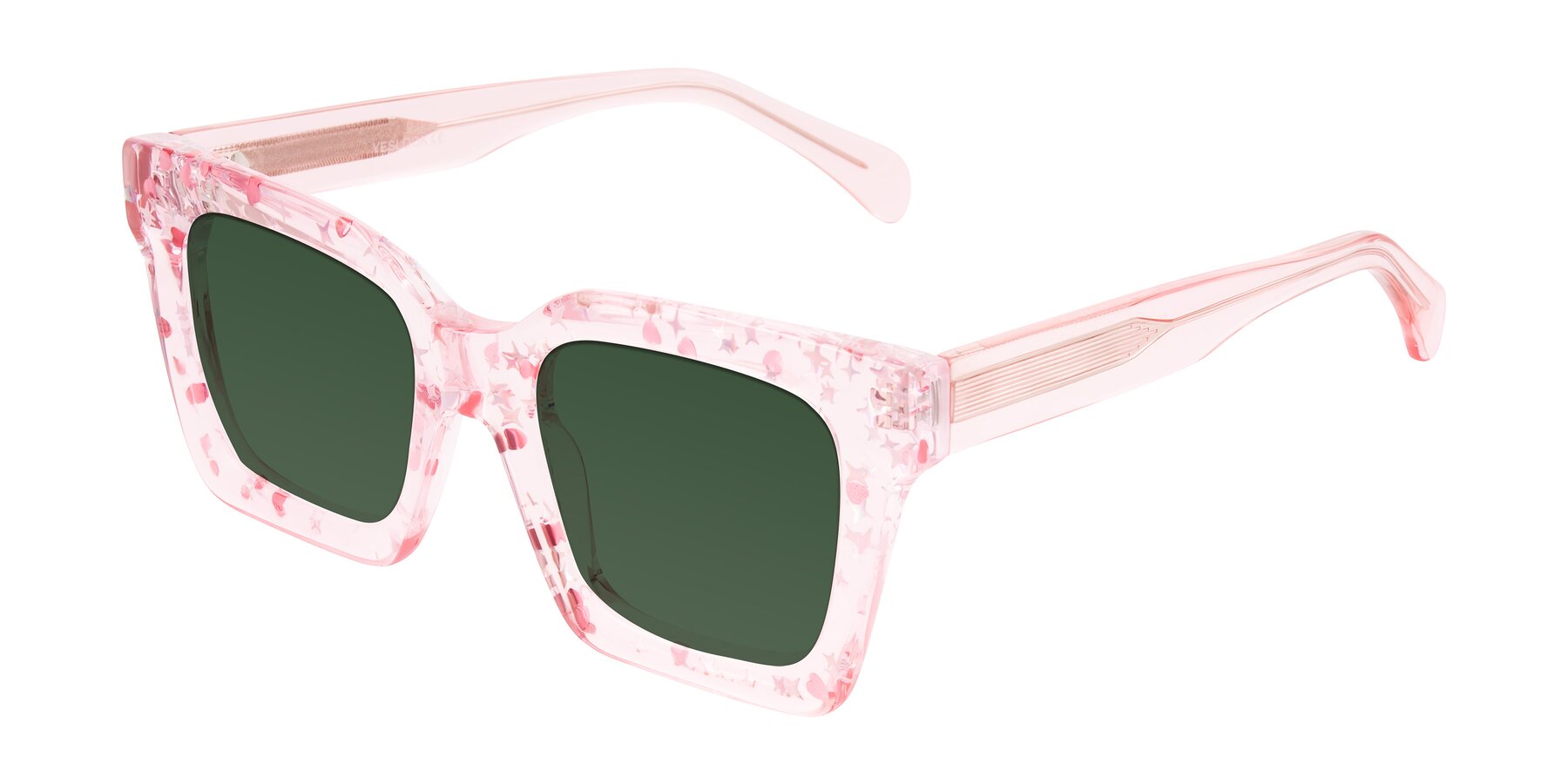 Angle of Piper in Sparkling Blush with Green Tinted Lenses