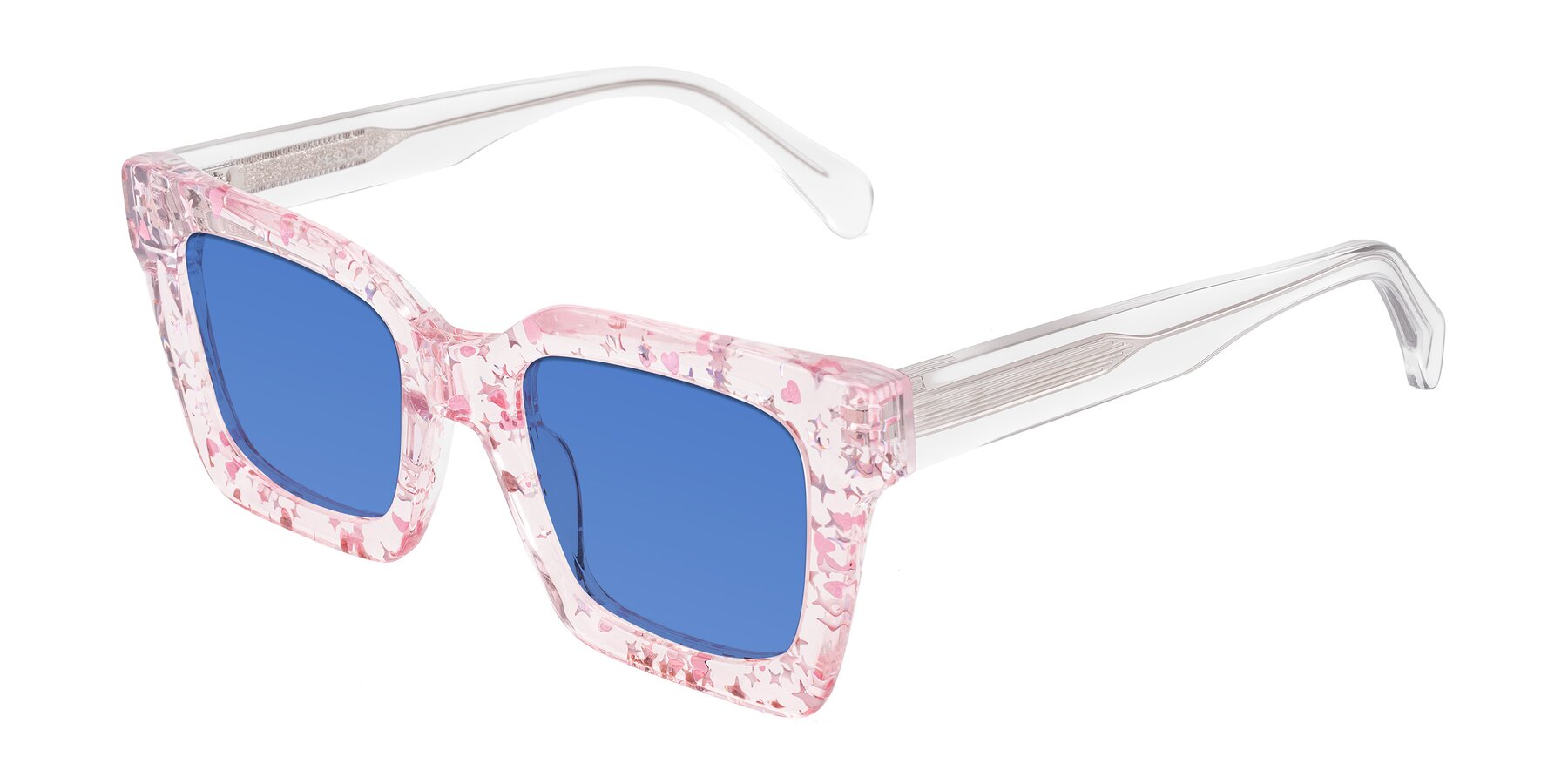 Angle of Piper in Sparkling Blush with Blue Tinted Lenses