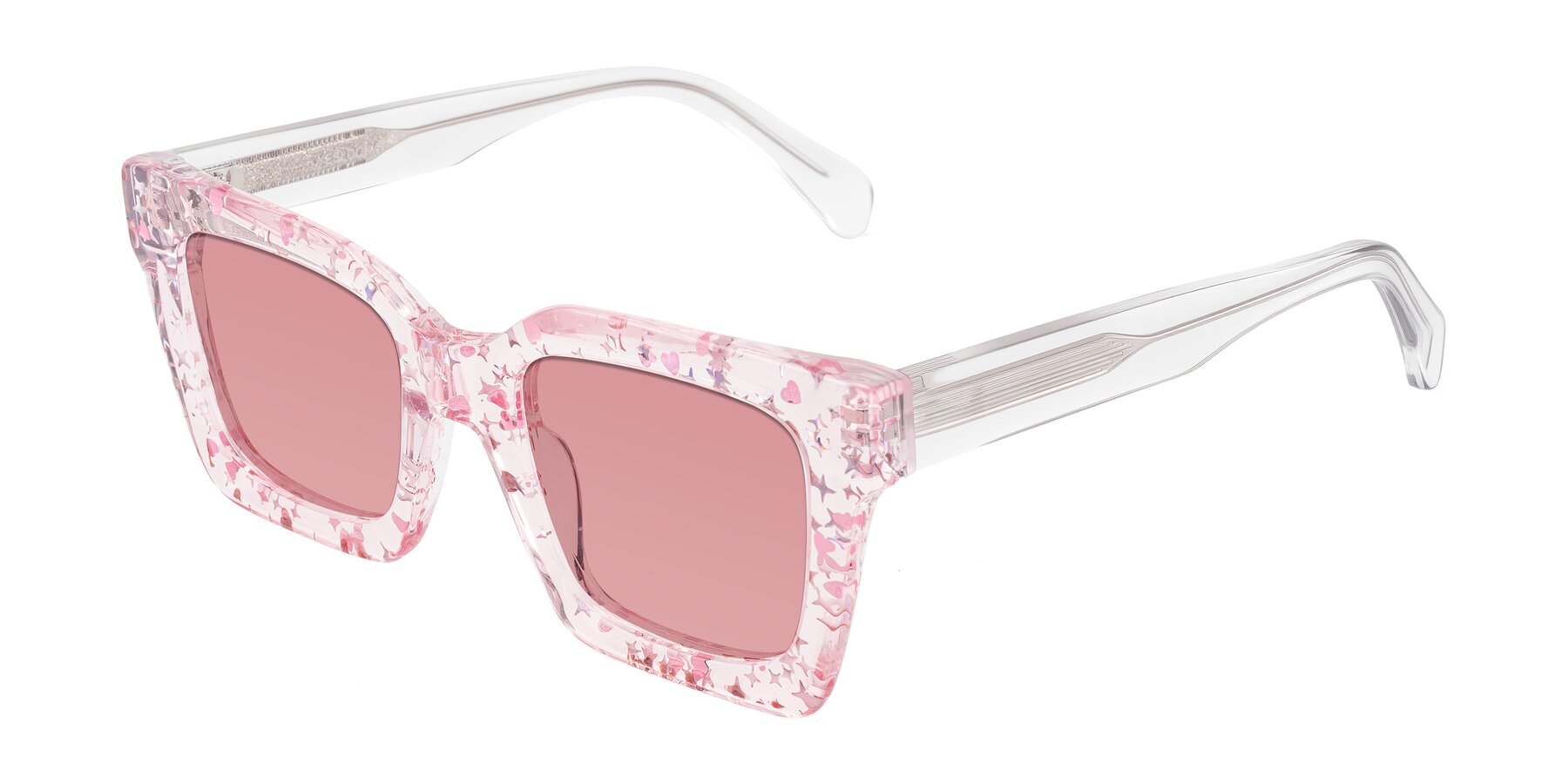 Angle of Piper in Sparkling Blush with Medium Garnet Tinted Lenses