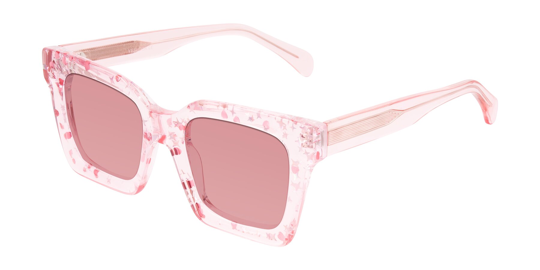 Angle of Piper in Sparkling Blush with Medium Garnet Tinted Lenses