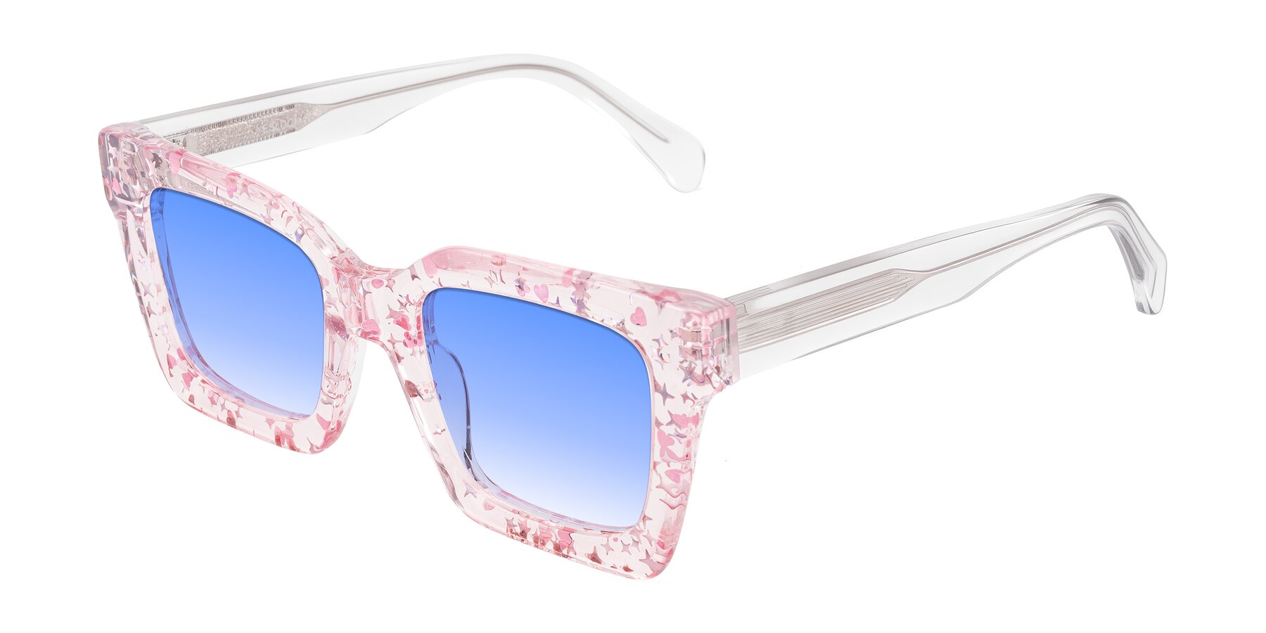 Angle of Piper in Sparkling Blush with Blue Gradient Lenses