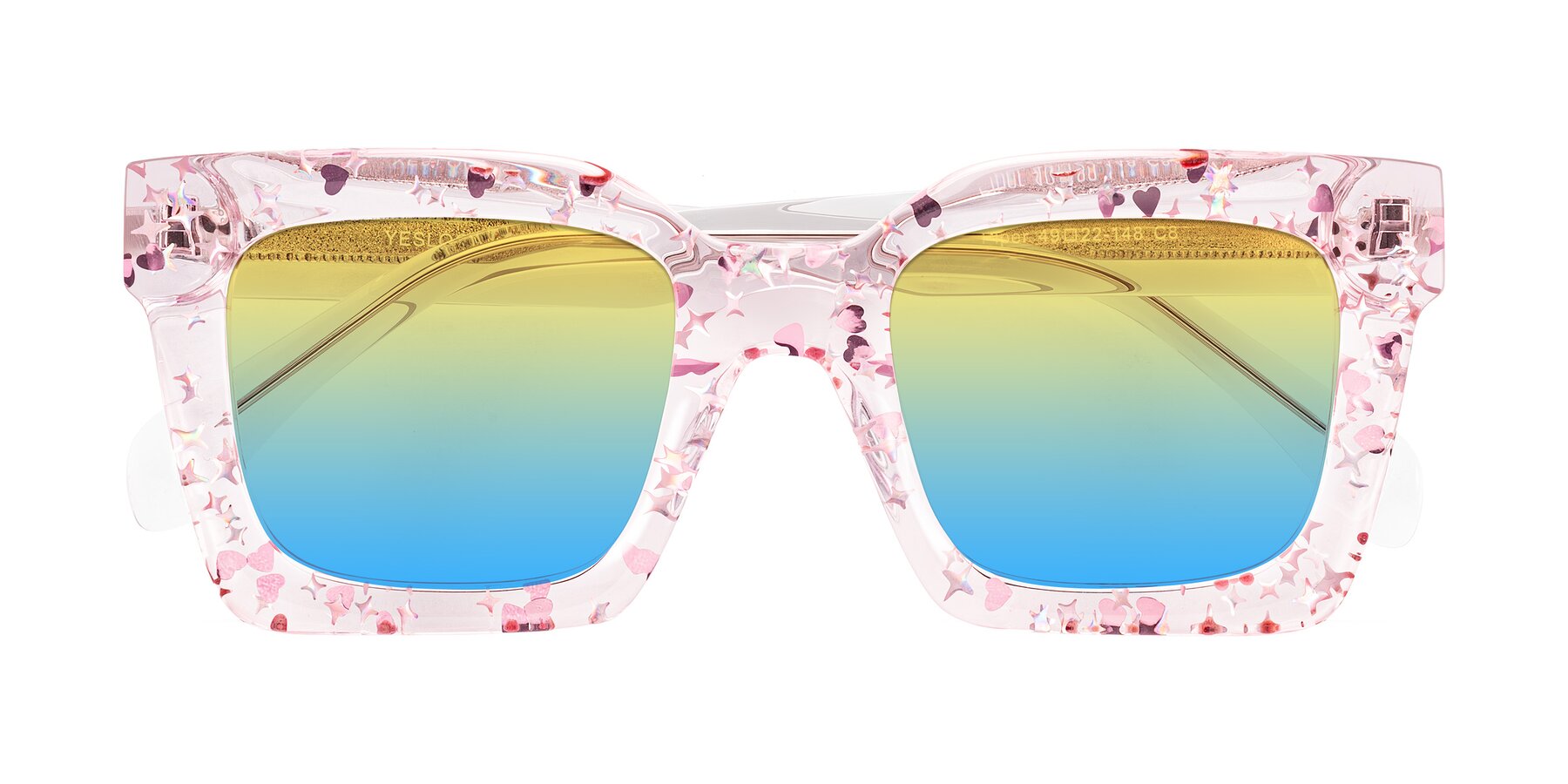 Folded Front of Piper in Sparkling Blush with Yellow / Blue Gradient Lenses