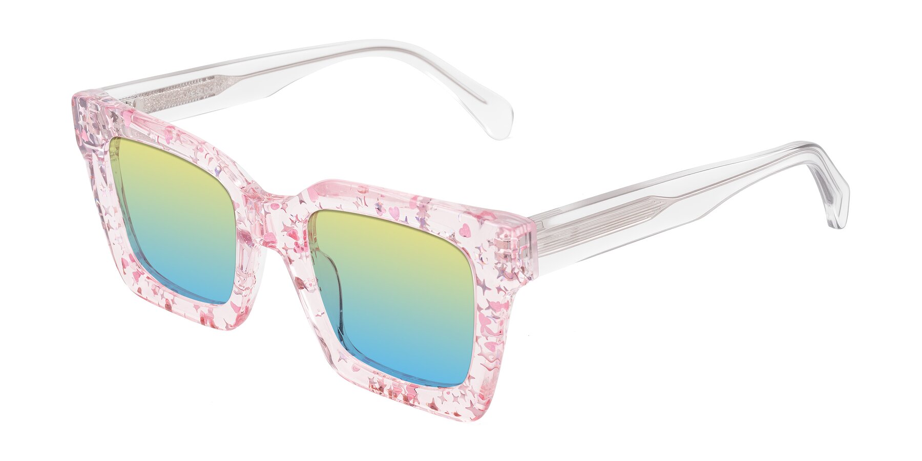 Angle of Piper in Sparkling Blush with Yellow / Blue Gradient Lenses