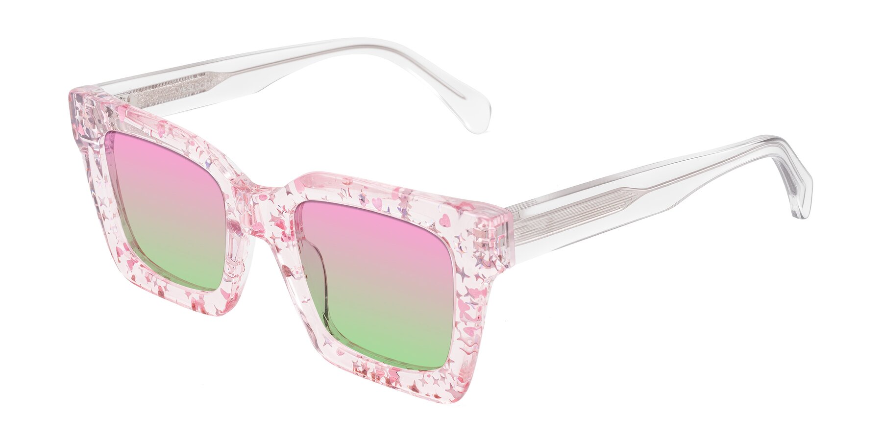 Angle of Piper in Sparkling Blush with Pink / Green Gradient Lenses