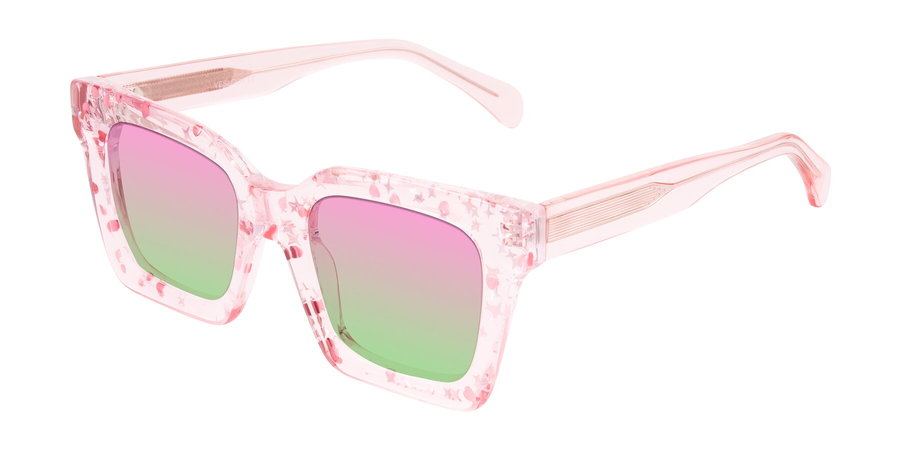 Angle of Piper in Sparkling Blush with Pink / Green Gradient Lenses