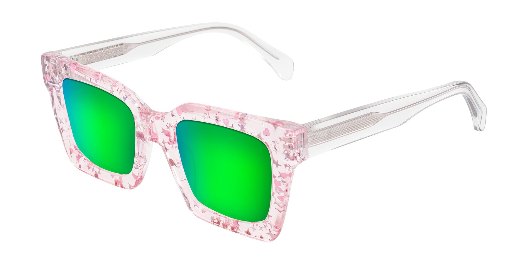 Angle of Piper in Sparkling Blush with Green Mirrored Lenses