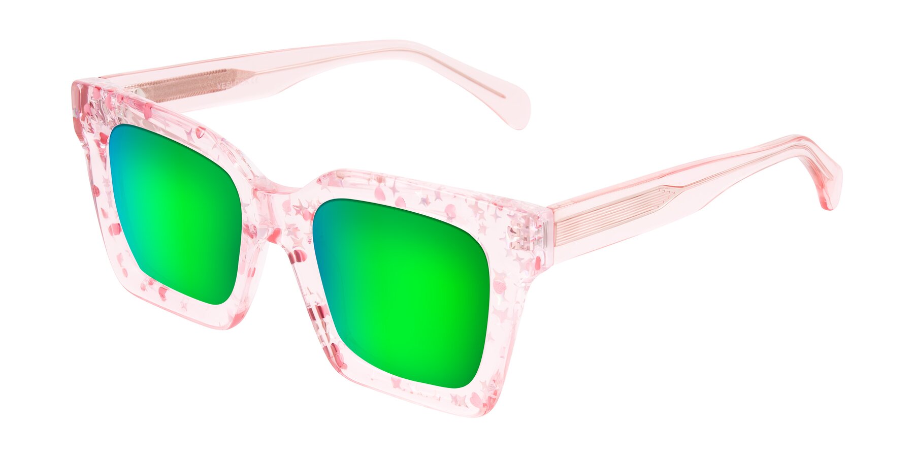 Angle of Piper in Sparkling Blush with Green Mirrored Lenses