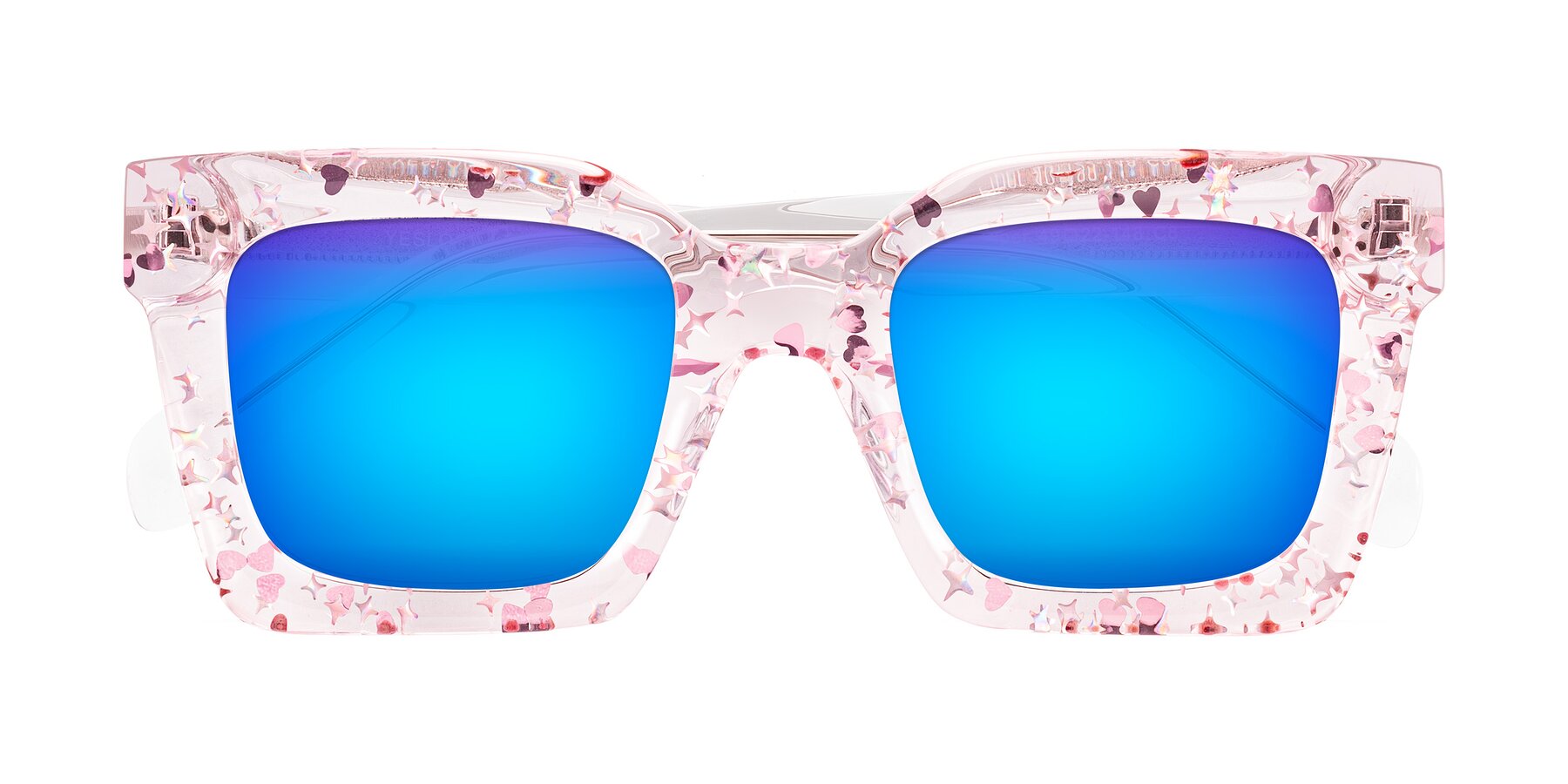 Folded Front of Piper in Sparkling Blush with Blue Mirrored Lenses