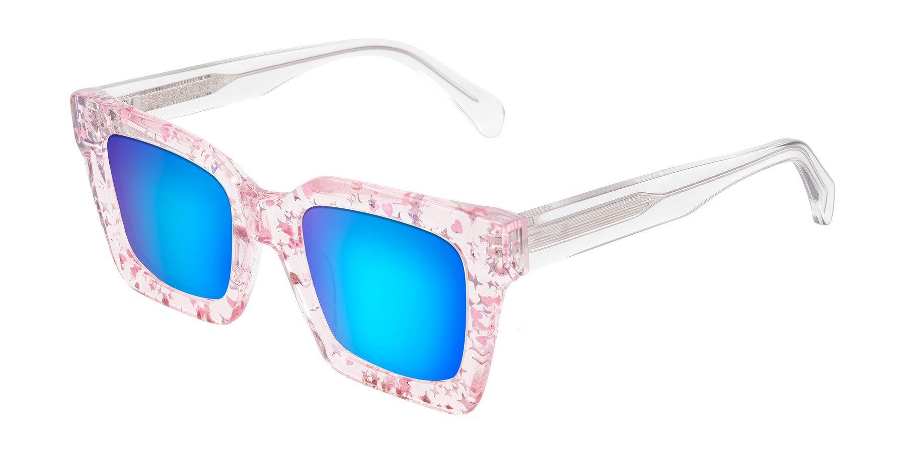 Angle of Piper in Sparkling Blush with Blue Mirrored Lenses
