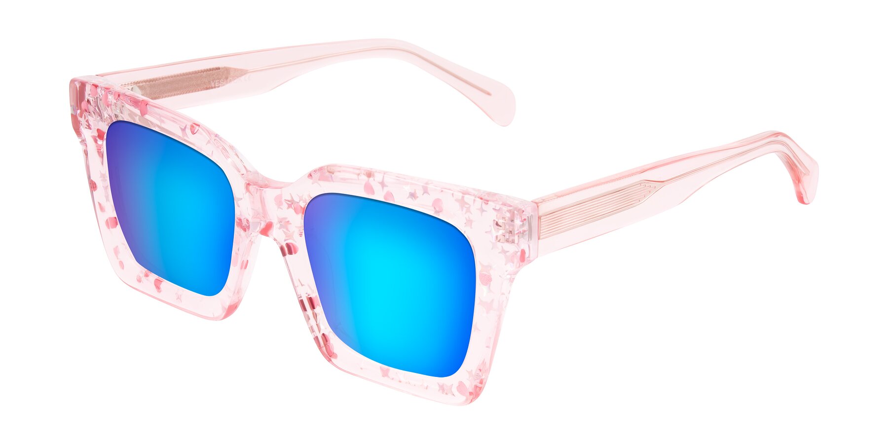 Angle of Piper in Sparkling Blush with Blue Mirrored Lenses