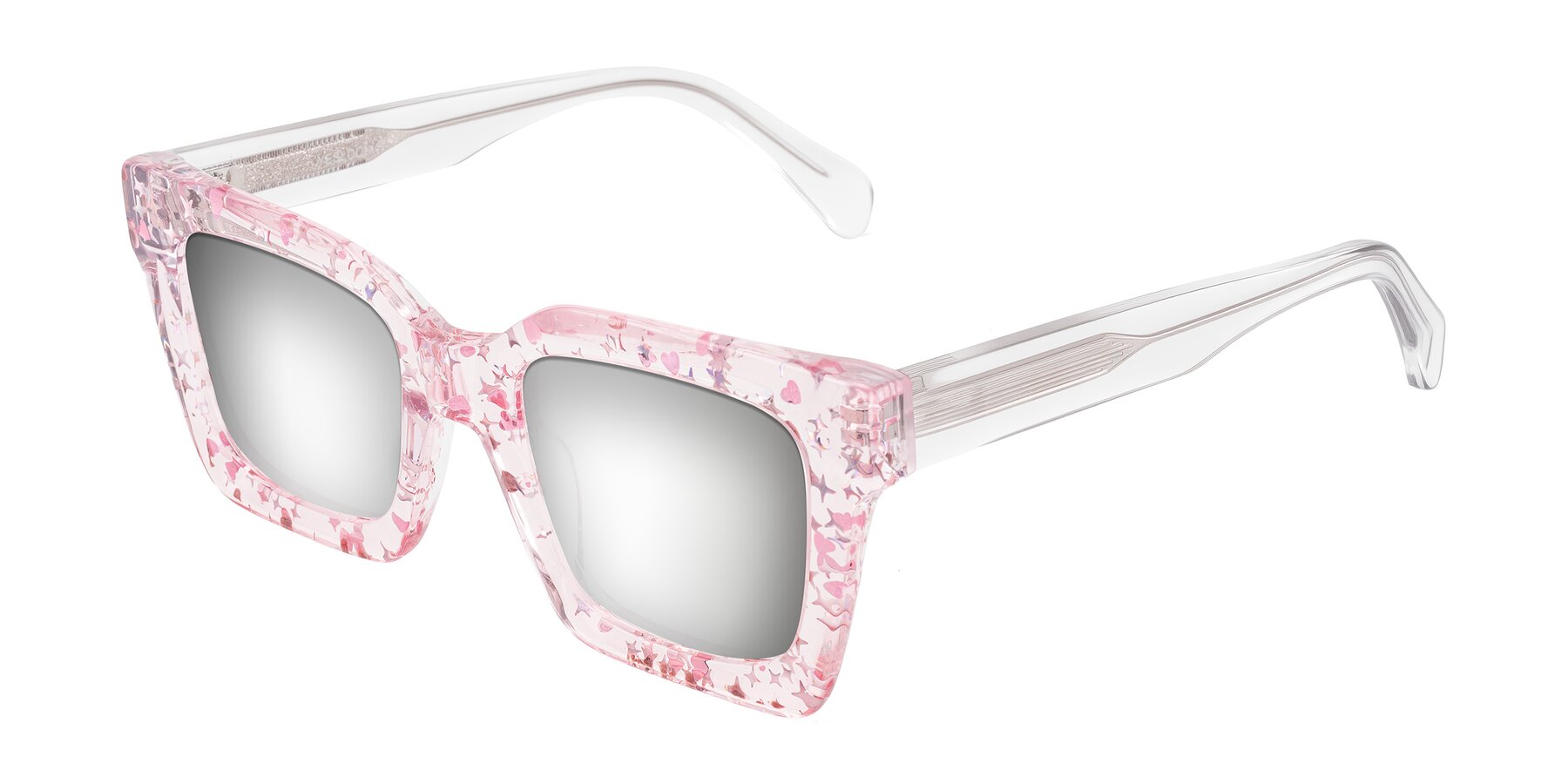 Angle of Piper in Sparkling Blush with Silver Mirrored Lenses