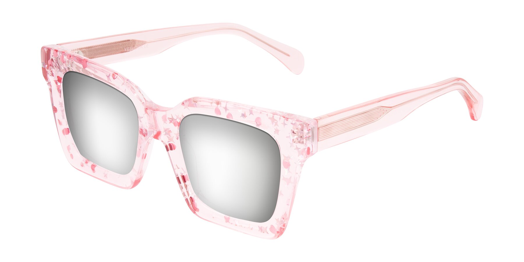 Angle of Piper in Sparkling Blush with Silver Mirrored Lenses