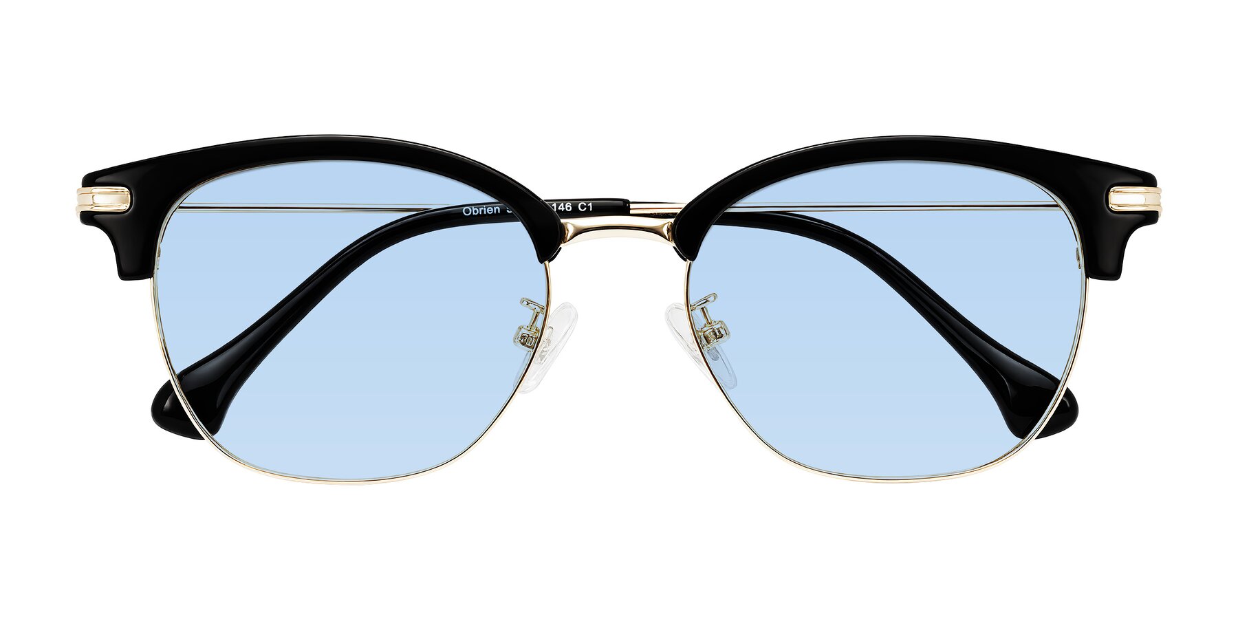 Folded Front of Obrien in Black/Gold with Light Blue Tinted Lenses