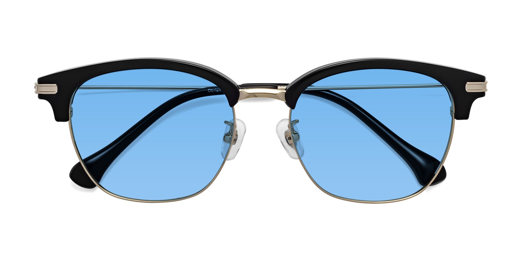 Folded Front of Obrien in Black-Gold with Medium Blue Tinted Lenses