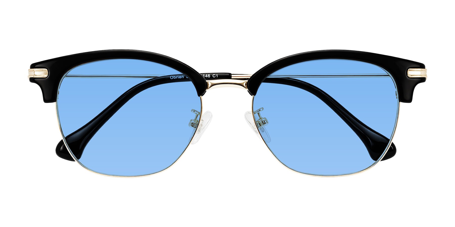 Folded Front of Obrien in Black/Gold with Medium Blue Tinted Lenses