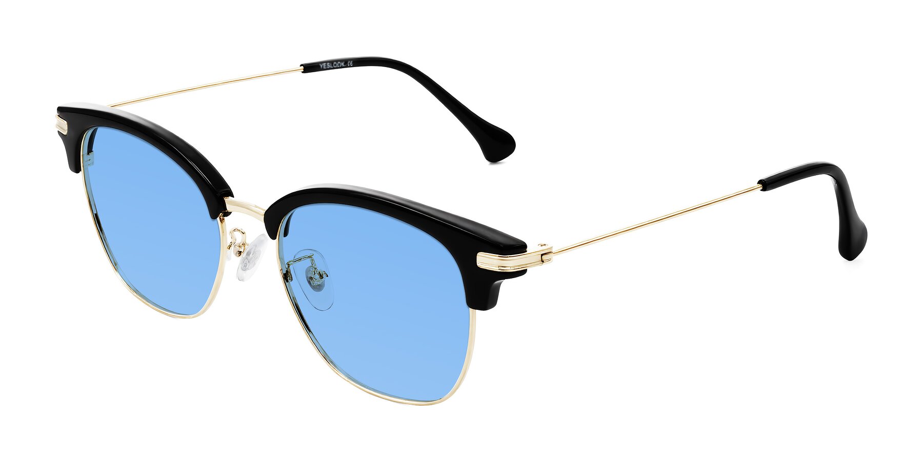Angle of Obrien in Black/Gold with Medium Blue Tinted Lenses