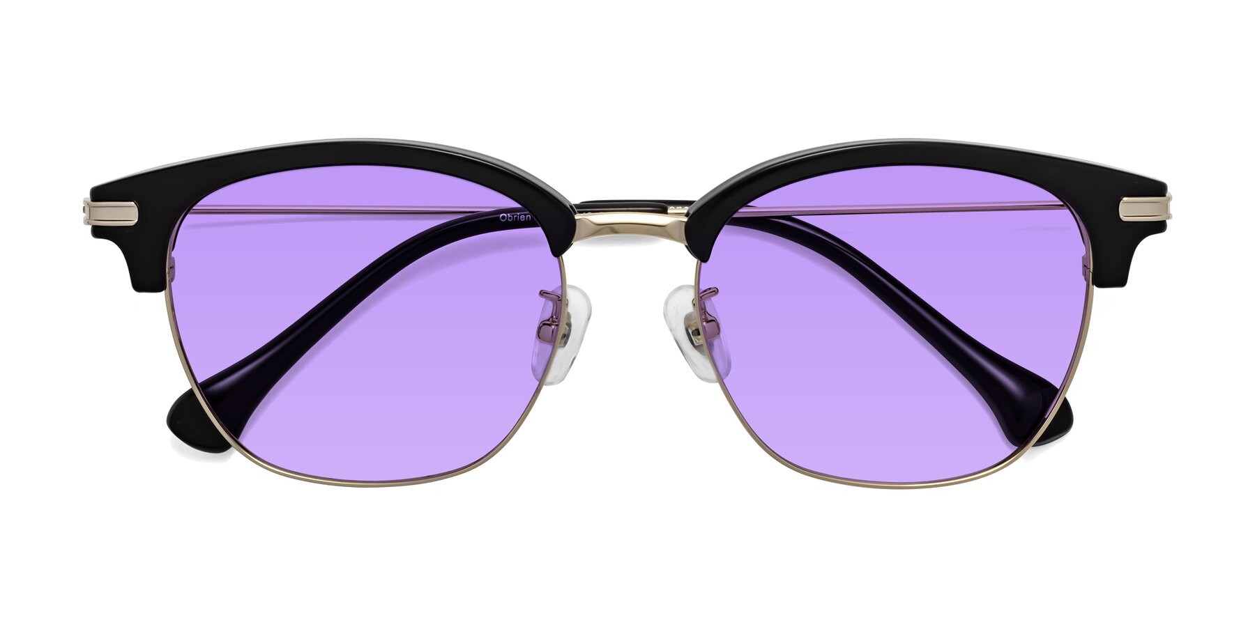 Folded Front of Obrien in Black-Gold with Medium Purple Tinted Lenses