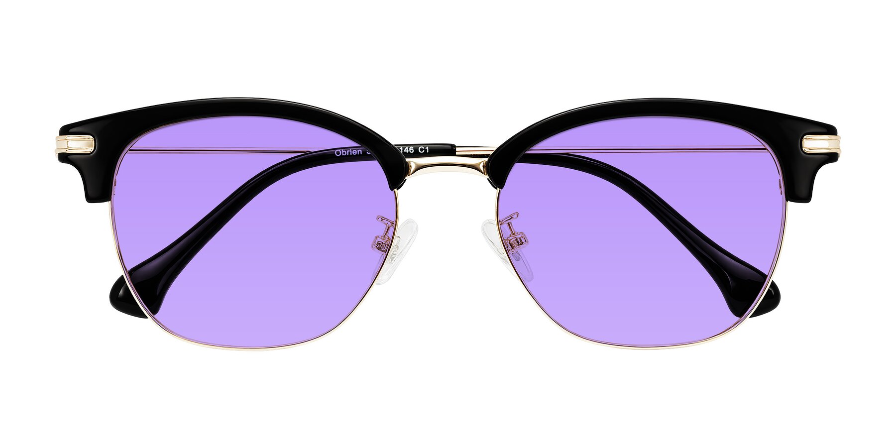 Folded Front of Obrien in Black/Gold with Medium Purple Tinted Lenses