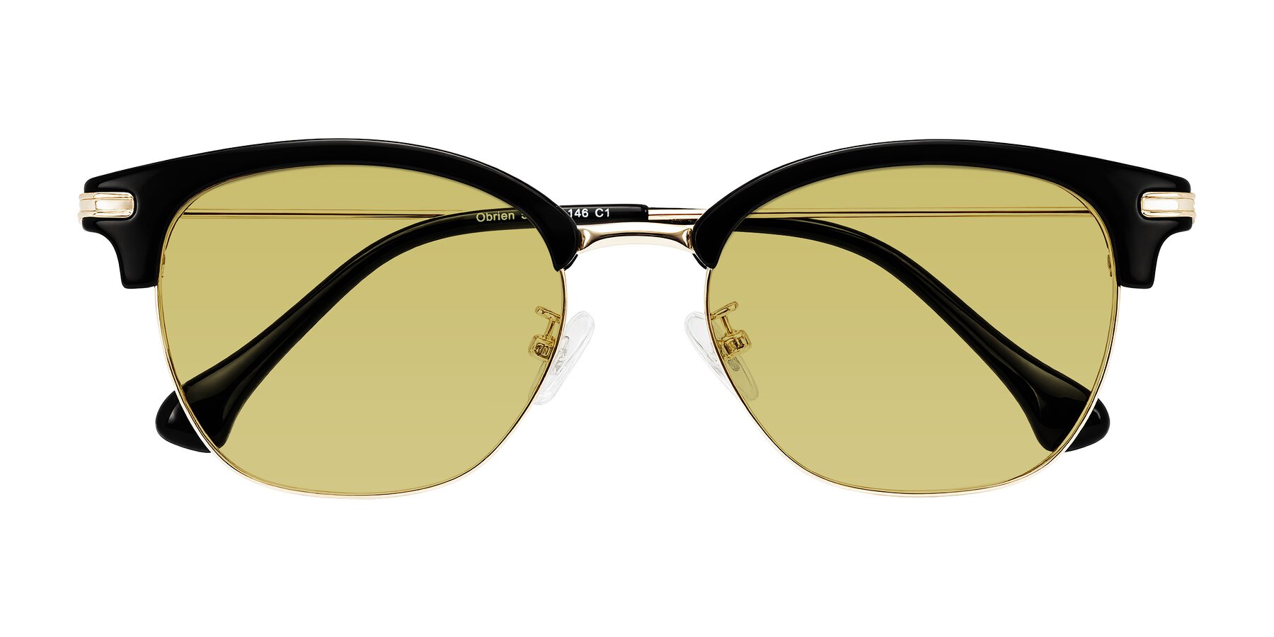 Folded Front of Obrien in Black/Gold with Medium Champagne Tinted Lenses