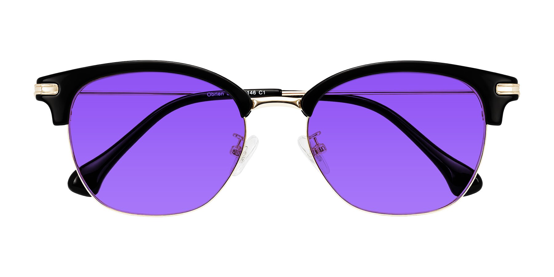 Folded Front of Obrien in Black/Gold with Purple Tinted Lenses