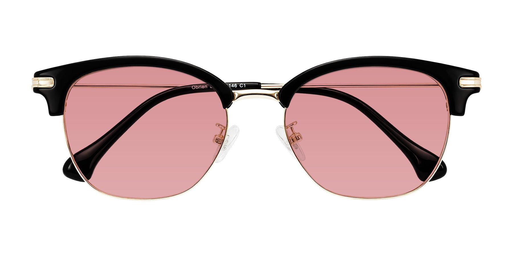 Folded Front of Obrien in Black/Gold with Medium Garnet Tinted Lenses