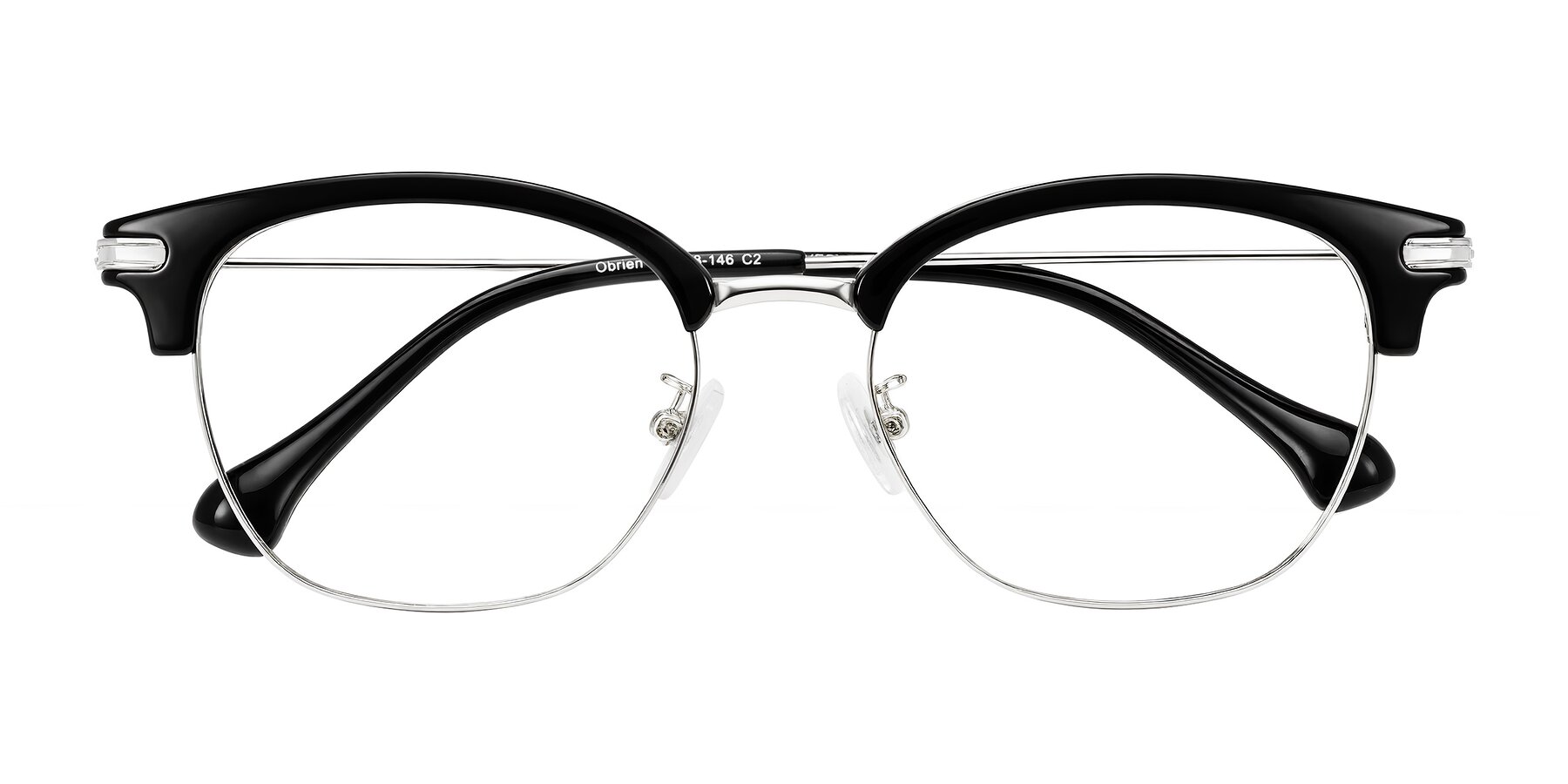 Folded Front of Obrien in Black/Sliver with Clear Eyeglass Lenses