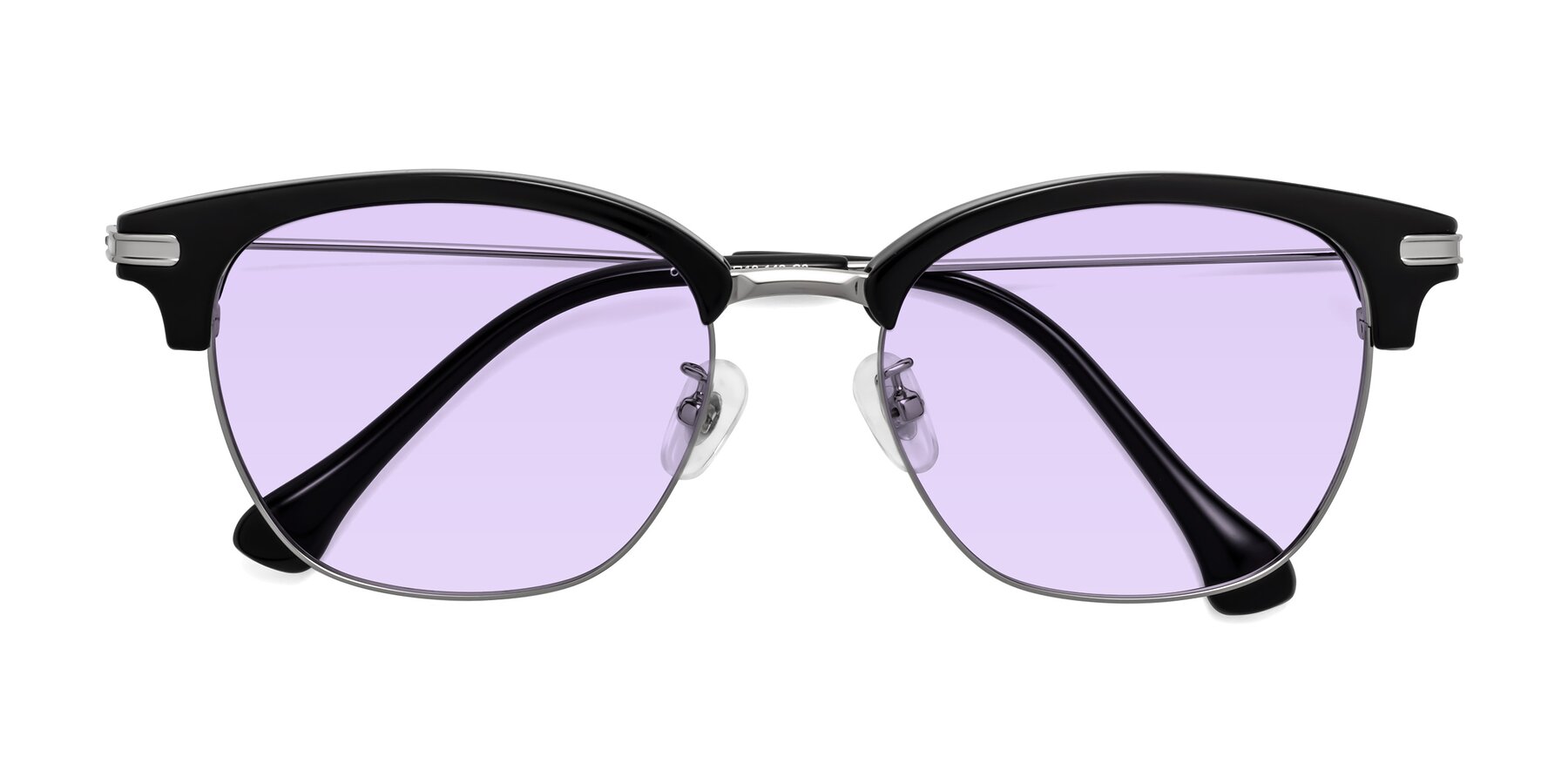 Folded Front of Obrien in Black-Sliver with Light Purple Tinted Lenses