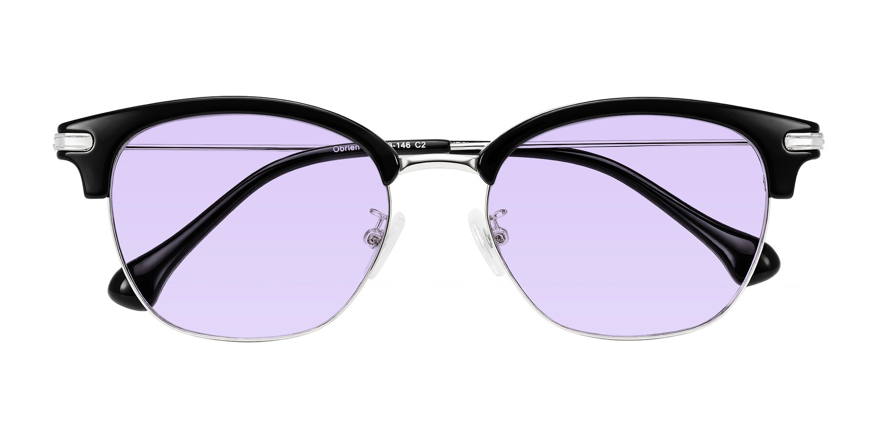 Folded Front of Obrien in Black/Sliver with Light Purple Tinted Lenses