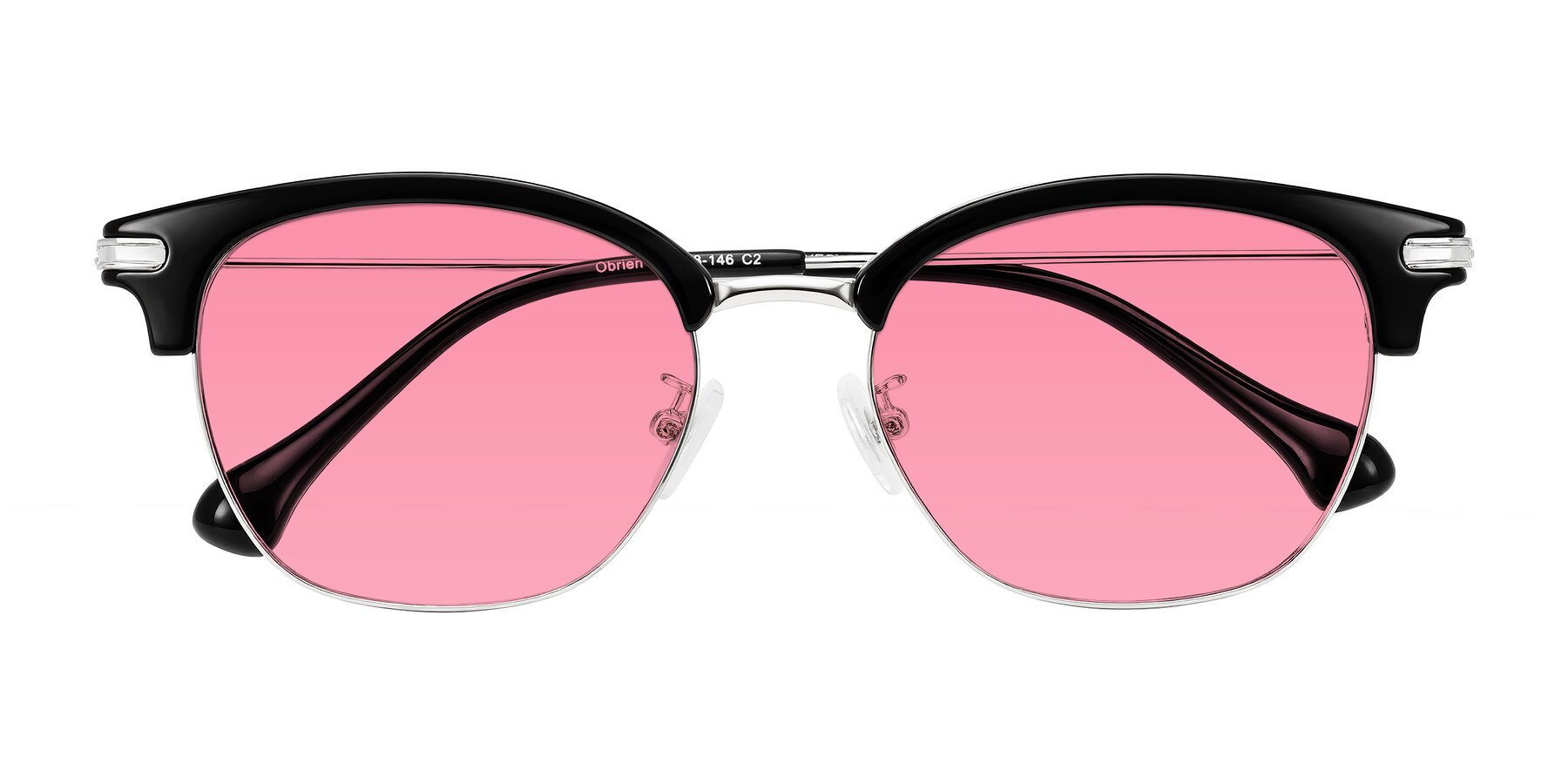 Folded Front of Obrien in Black/Sliver with Pink Tinted Lenses