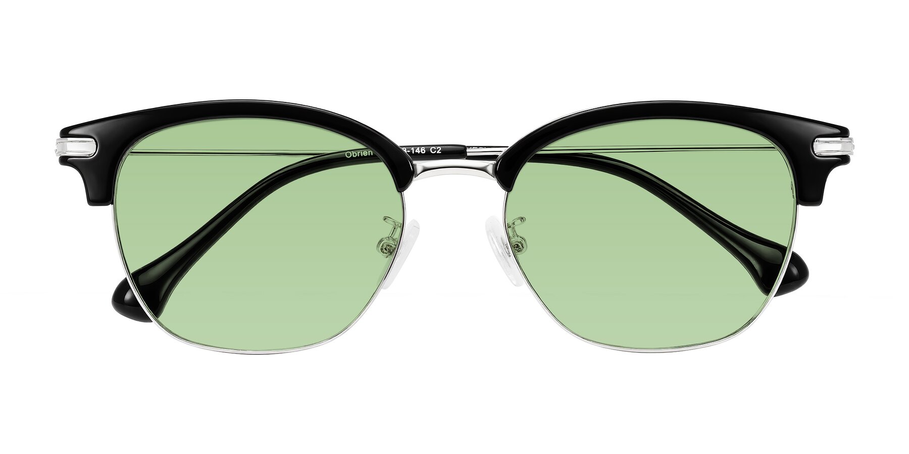 Folded Front of Obrien in Black/Sliver with Medium Green Tinted Lenses