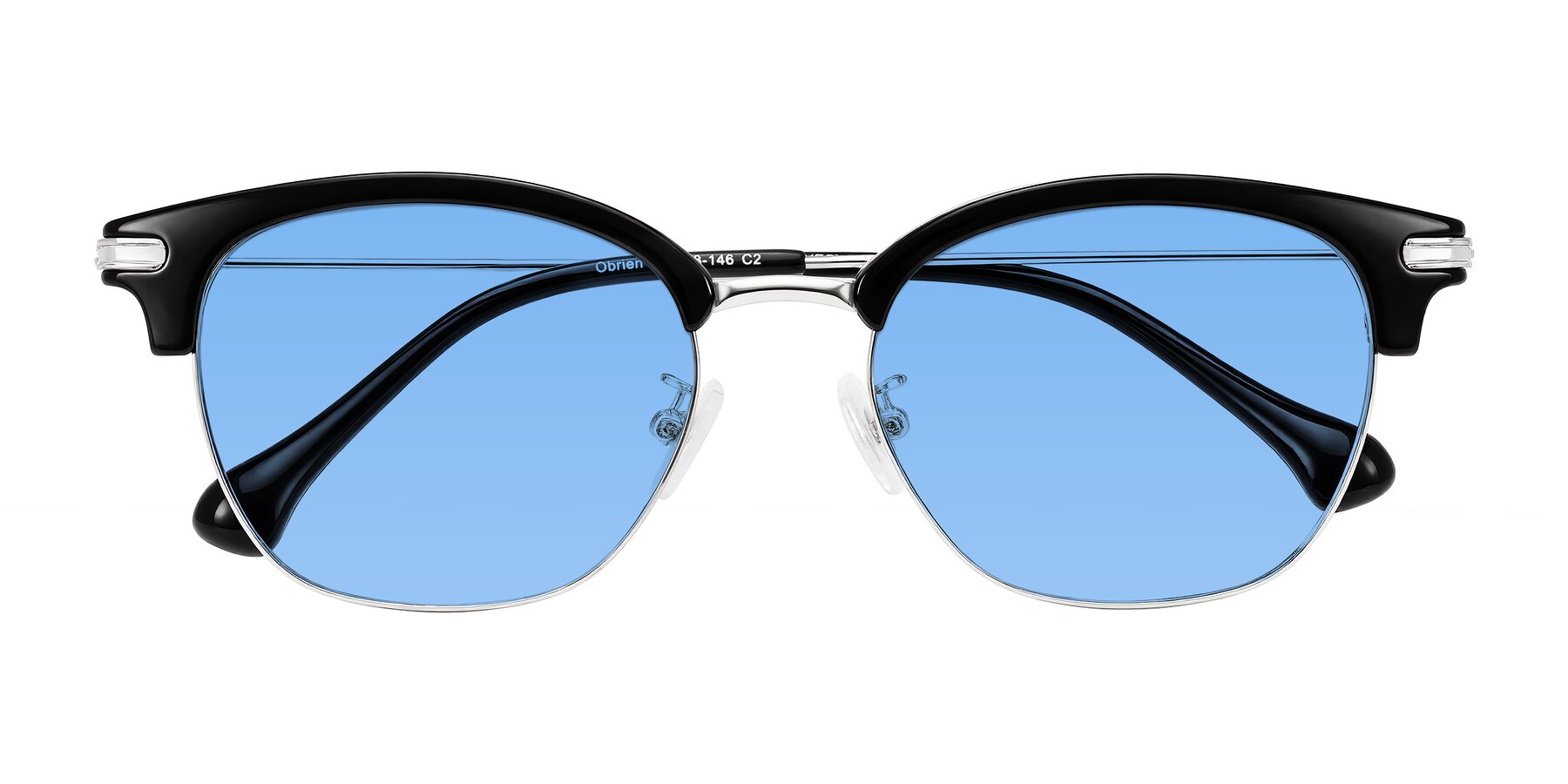 Folded Front of Obrien in Black/Sliver with Medium Blue Tinted Lenses