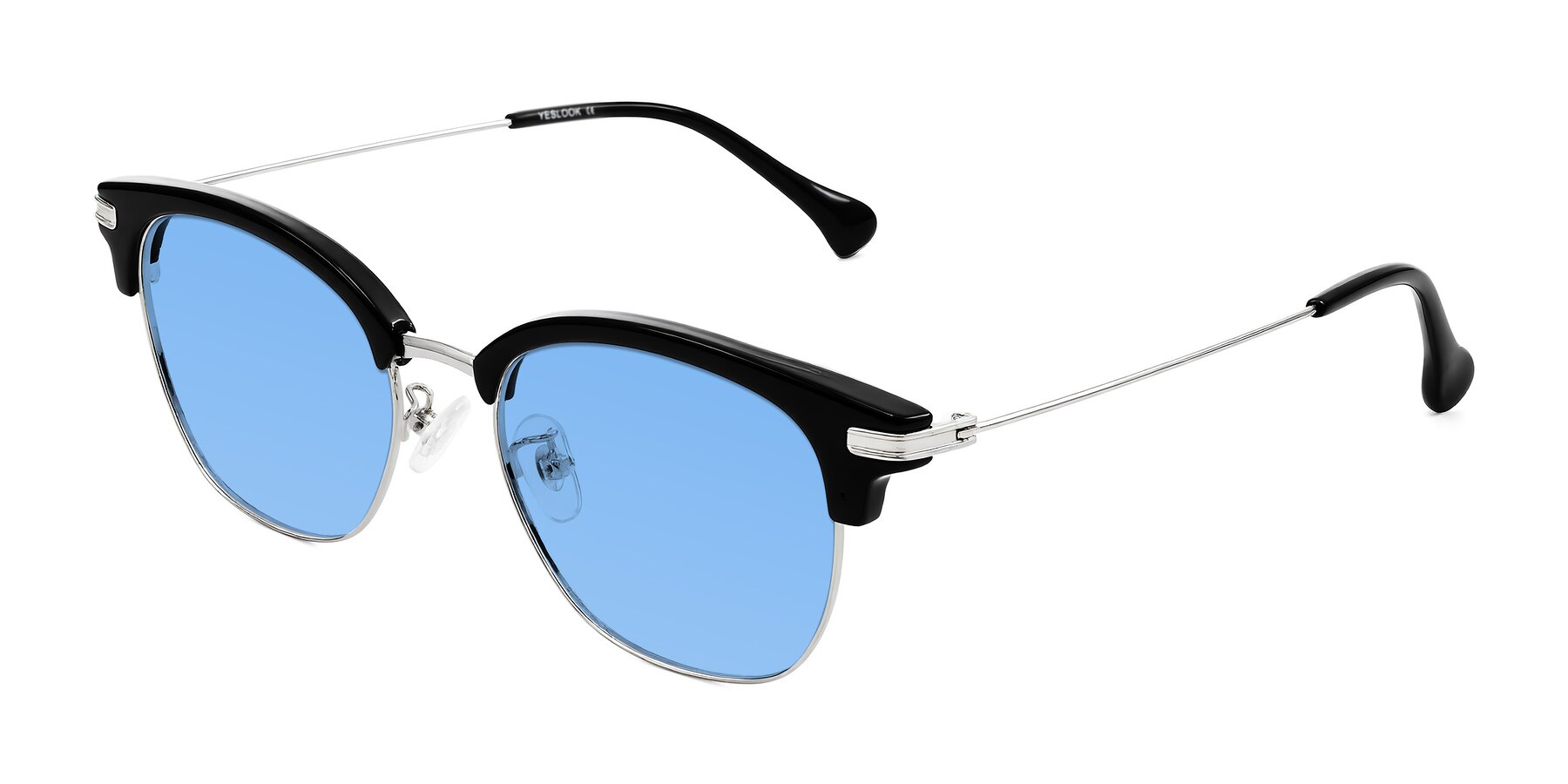 Angle of Obrien in Black/Sliver with Medium Blue Tinted Lenses