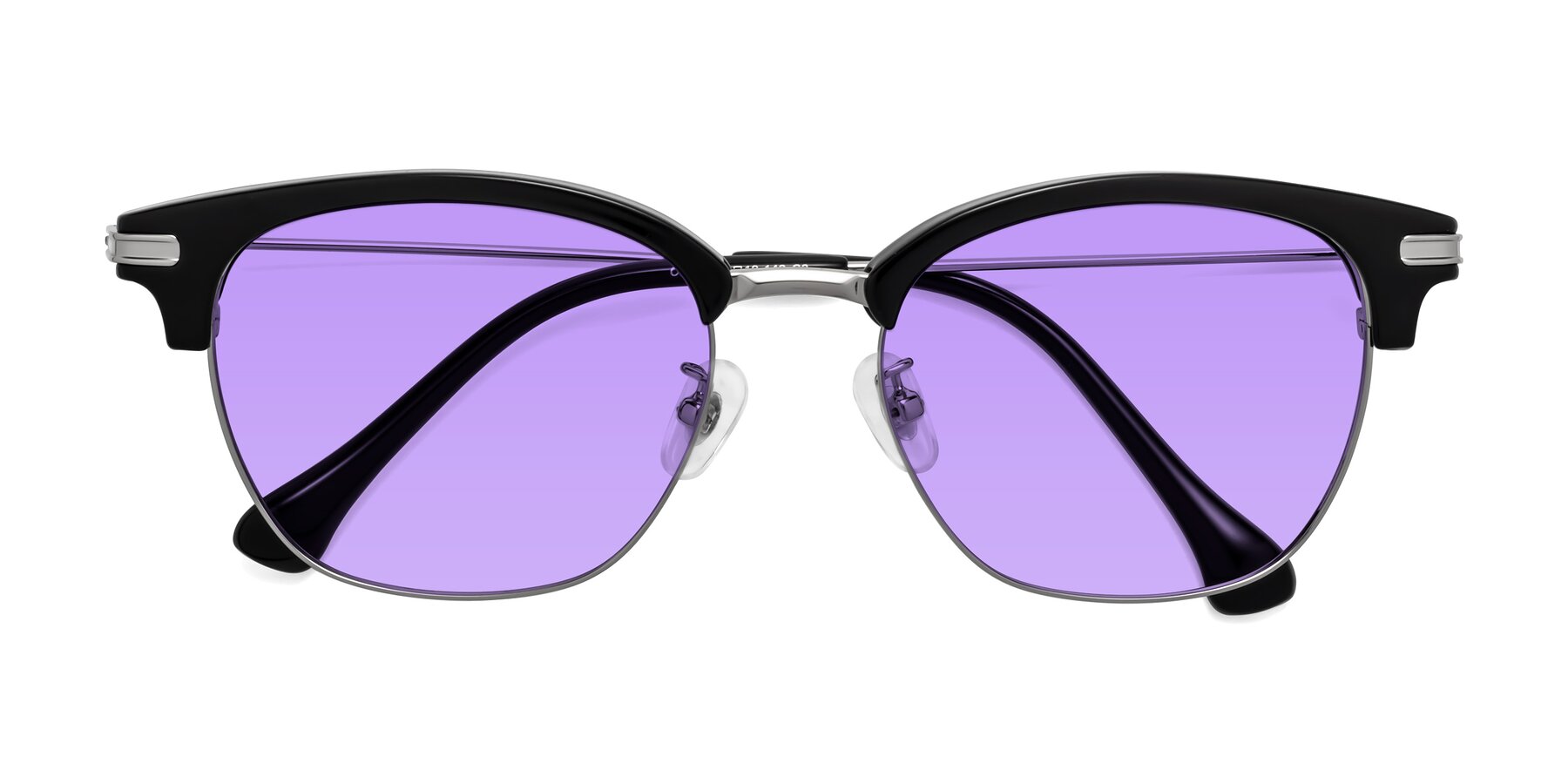 Folded Front of Obrien in Black-Sliver with Medium Purple Tinted Lenses