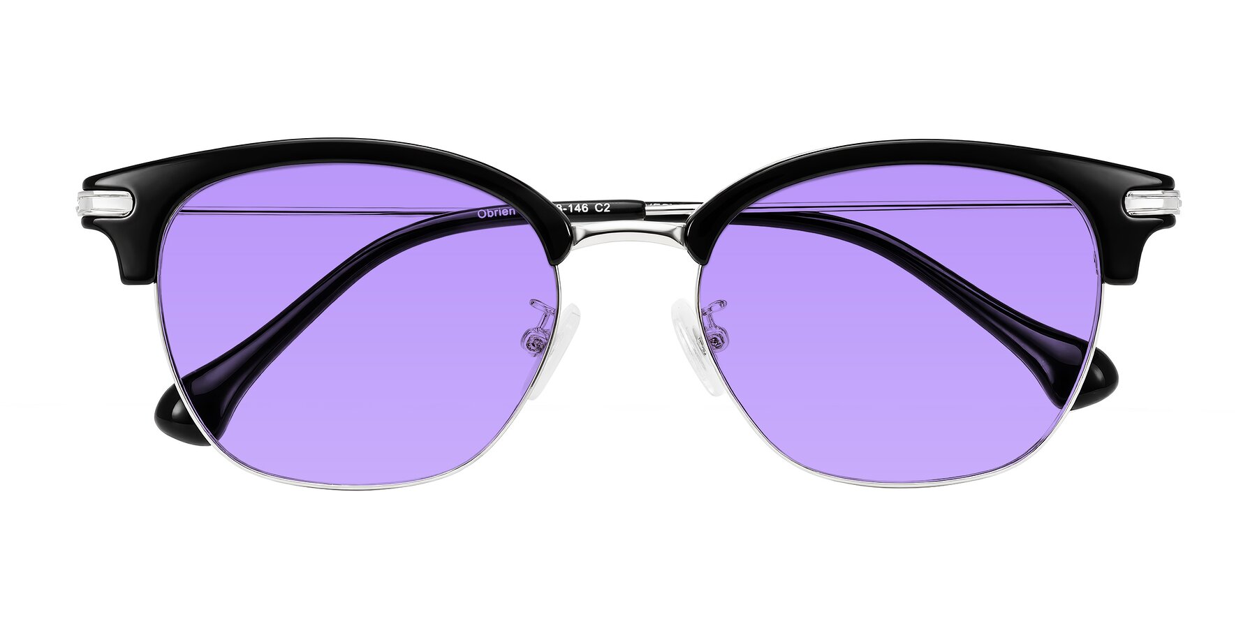 Folded Front of Obrien in Black/Sliver with Medium Purple Tinted Lenses