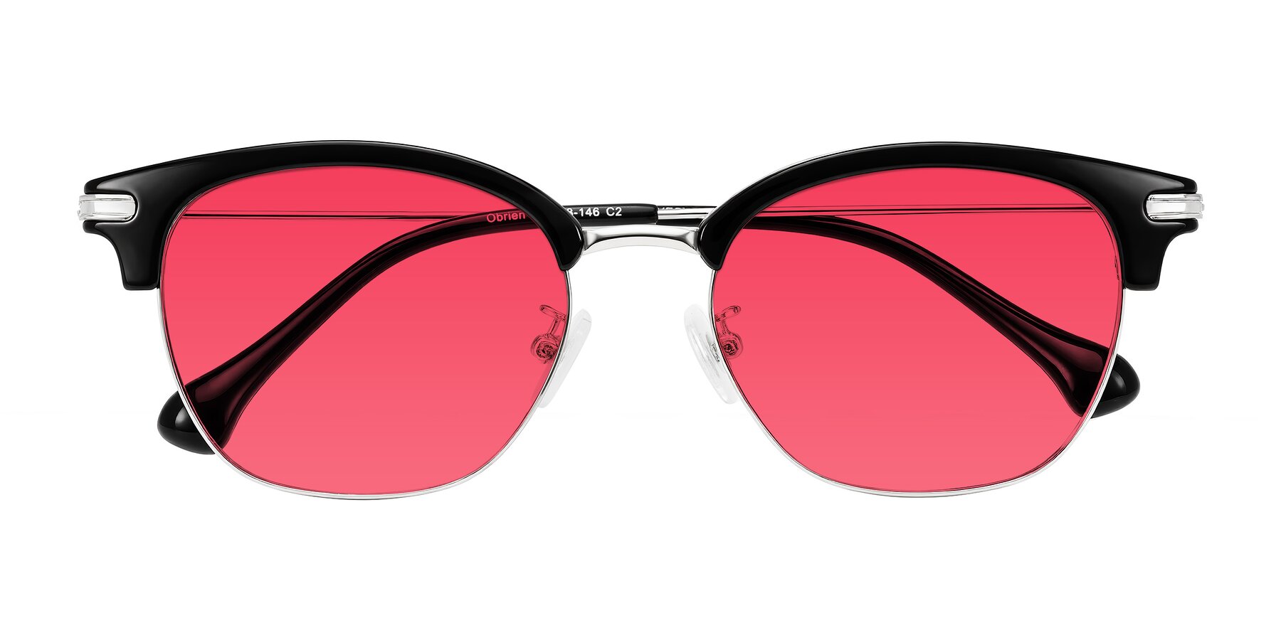 Folded Front of Obrien in Black/Sliver with Red Tinted Lenses