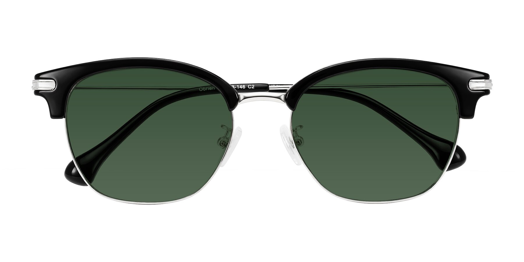 Folded Front of Obrien in Black/Sliver with Green Tinted Lenses