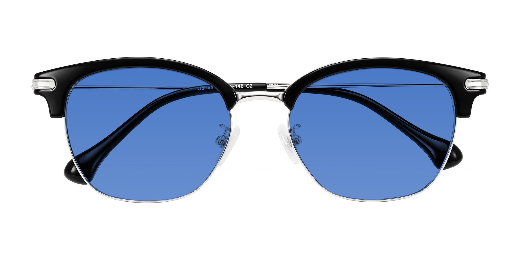 Folded Front of Obrien in Black/Sliver with Blue Tinted Lenses