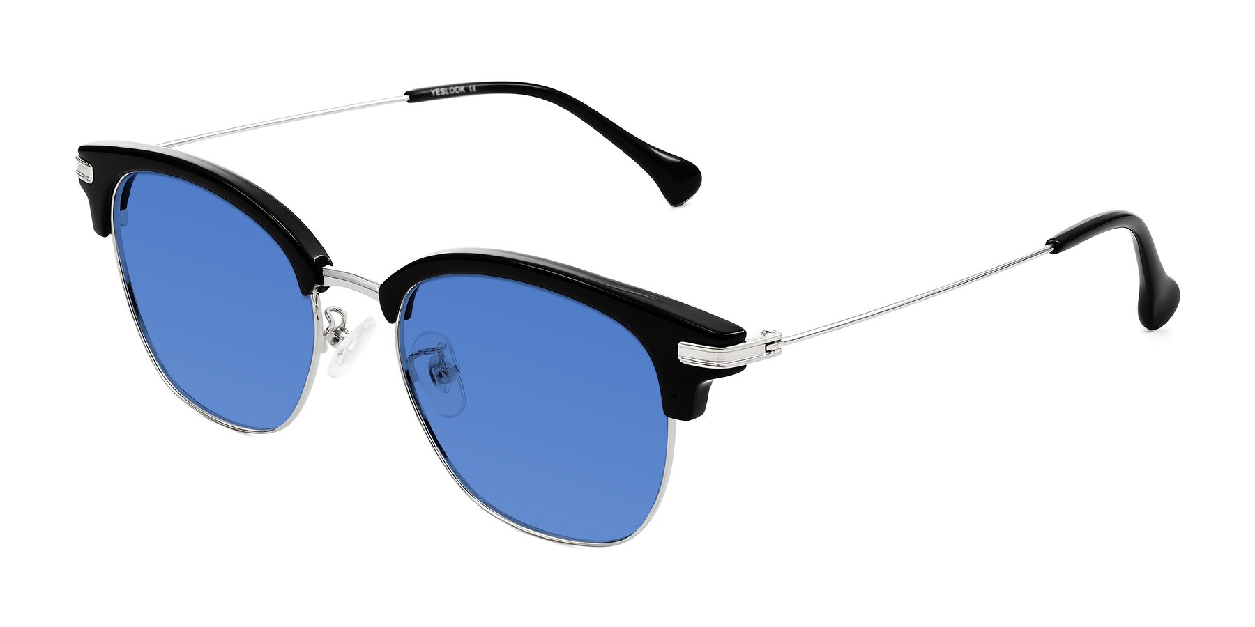 Angle of Obrien in Black/Sliver with Blue Tinted Lenses