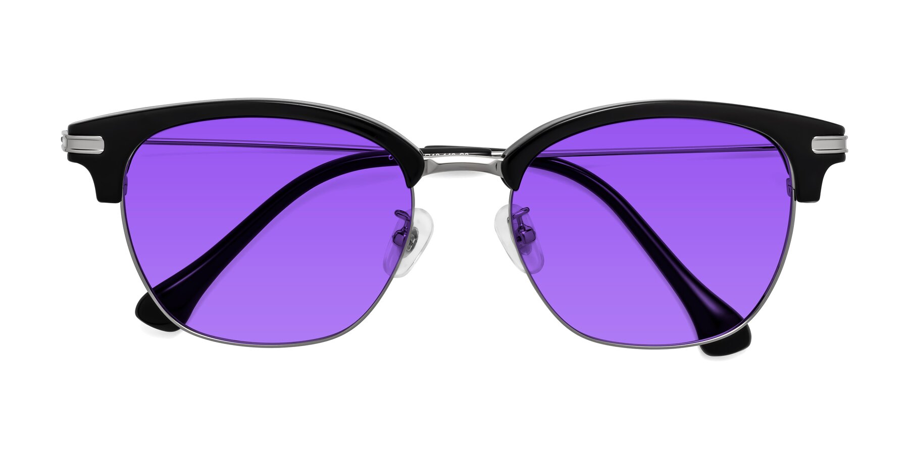 Folded Front of Obrien in Black-Sliver with Purple Tinted Lenses