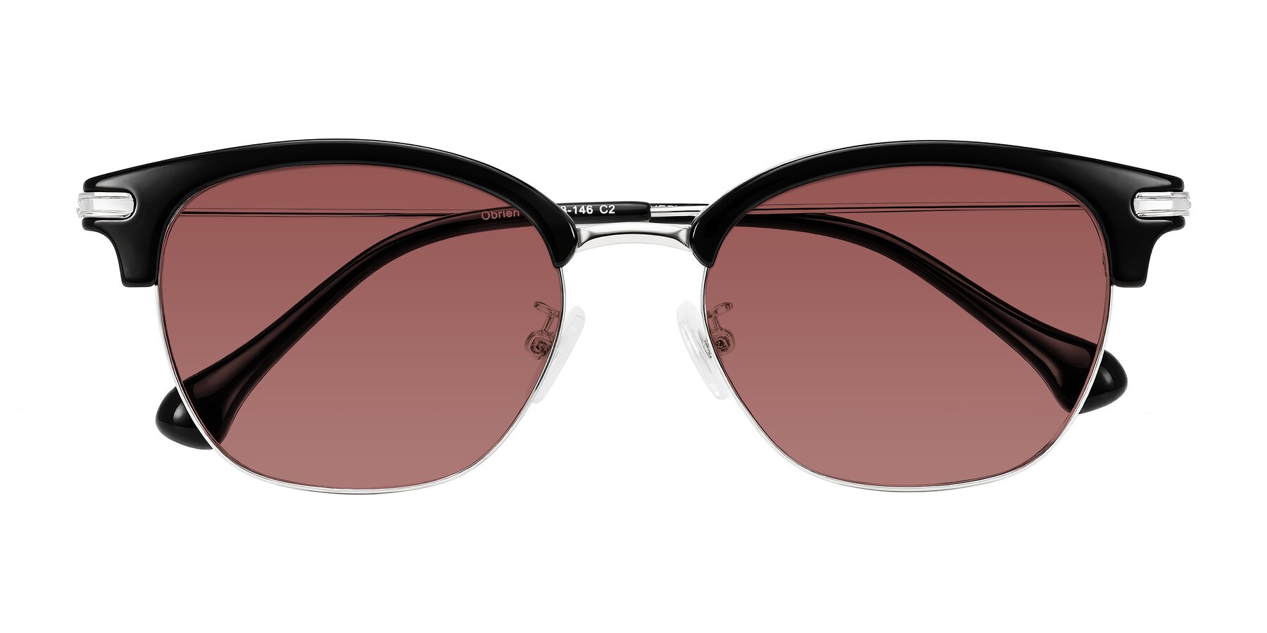 Folded Front of Obrien in Black/Sliver with Garnet Tinted Lenses